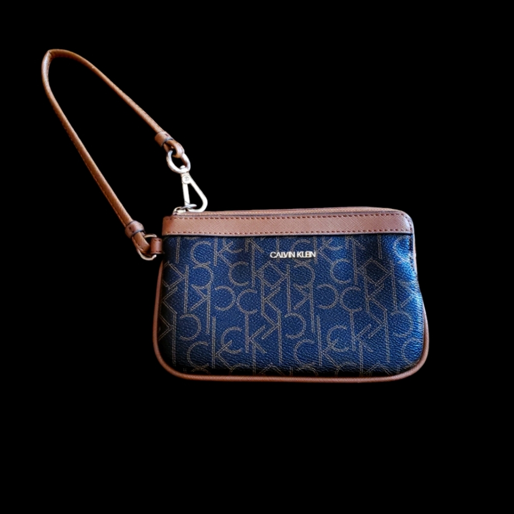 Calvin Klein Black & Brown Leather Monogram Wristlet